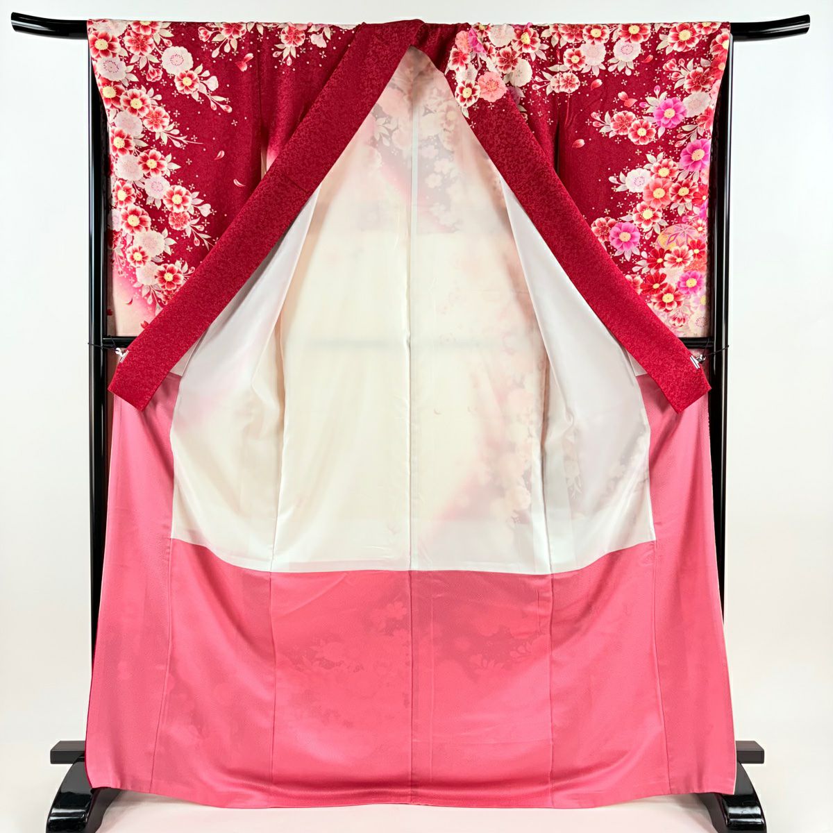 【庫存清倉】振袖禮服 身長172cm 袖長68.5cm L 雙層 手鞠 櫻花 銀通 金絲 紅 純蠶絲 逸品級