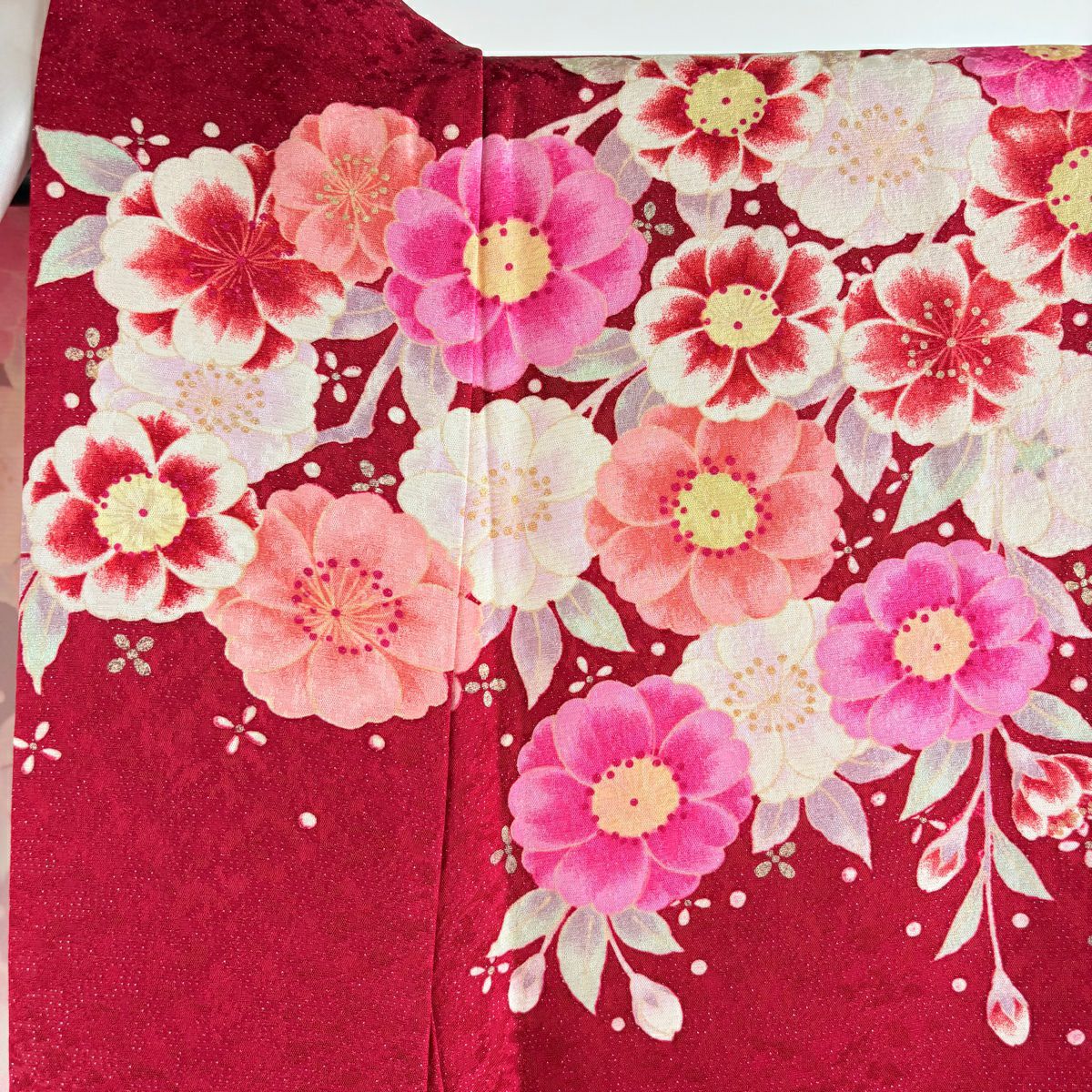【庫存清倉】振袖禮服 身長172cm 袖長68.5cm L 雙層 手鞠 櫻花 銀通 金絲 紅 純蠶絲 逸品級