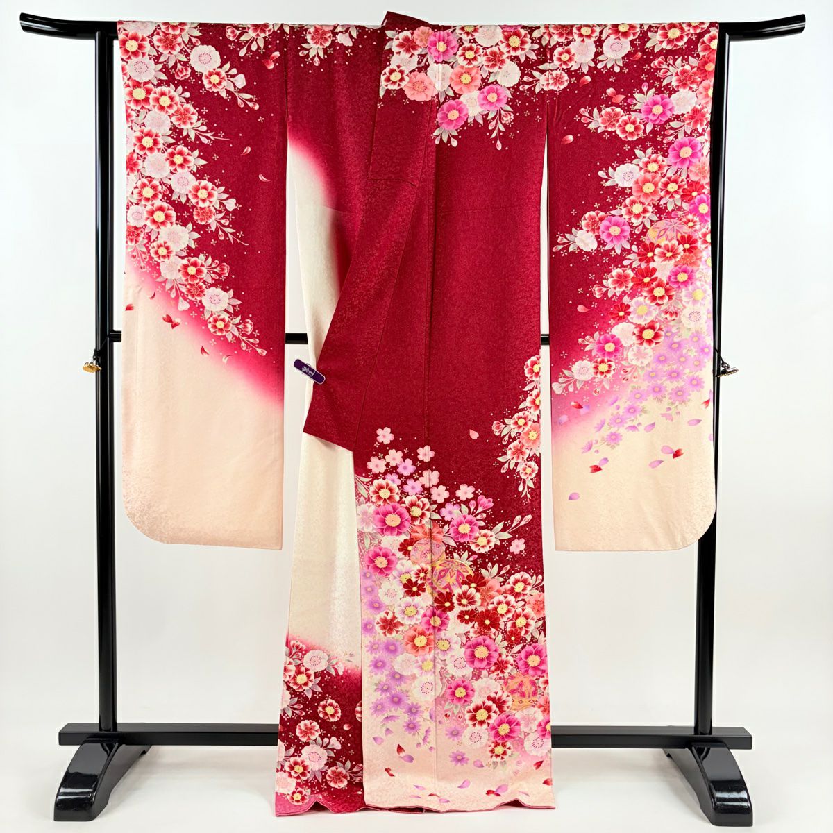【庫存清倉】振袖禮服 身長172cm 袖長68.5cm L 雙層 手鞠 櫻花 銀通 金絲 紅 純蠶絲 逸品級