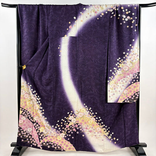 【庫存清倉】振袖禮服 身長164cm 袖長70.5cm L 雙層 草花紋紋 波紋 銀通 金銀彩 紫 純蠶絲 美品 逸品級