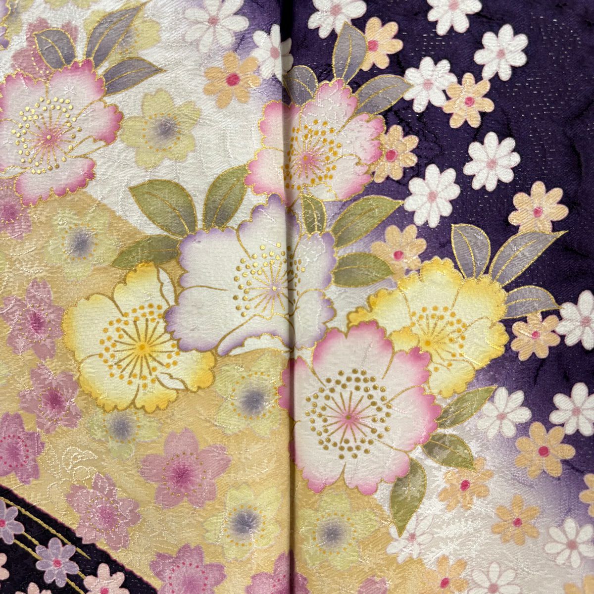 【庫存清倉】振袖禮服 身長164cm 袖長70.5cm L 雙層 草花紋紋 波紋 銀通 金銀彩 紫 純蠶絲 美品 逸品級