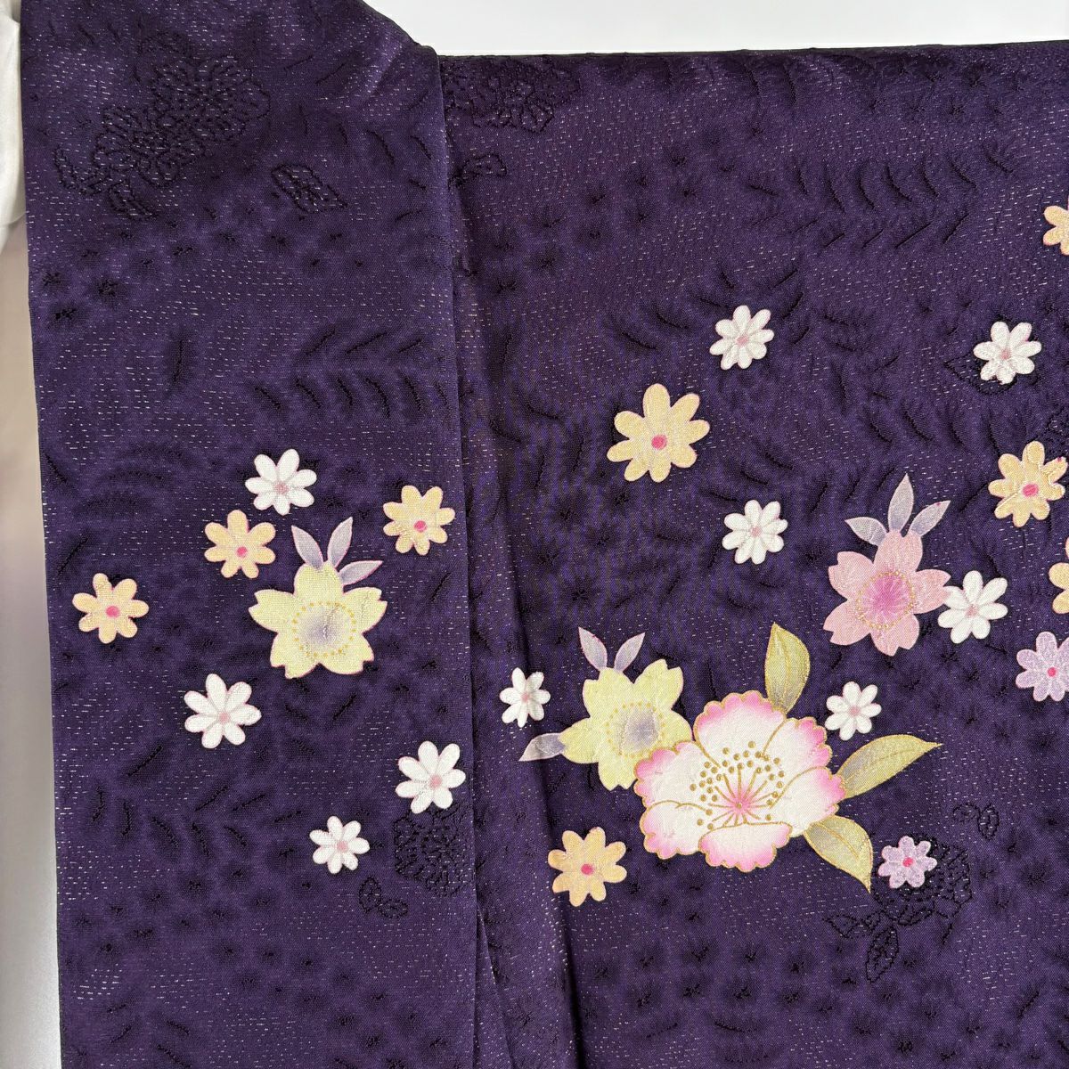【庫存清倉】振袖禮服 身長164cm 袖長70.5cm L 雙層 草花紋紋 波紋 銀通 金銀彩 紫 純蠶絲 美品 逸品級