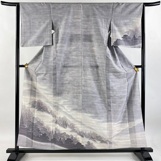 【庫存清倉】訪問服 身長158cm 袖長63.5cm S 單層 牛首紬織織地 落款 山並 樹木 漸層 灰紫 純蠶絲 美品 逸品級