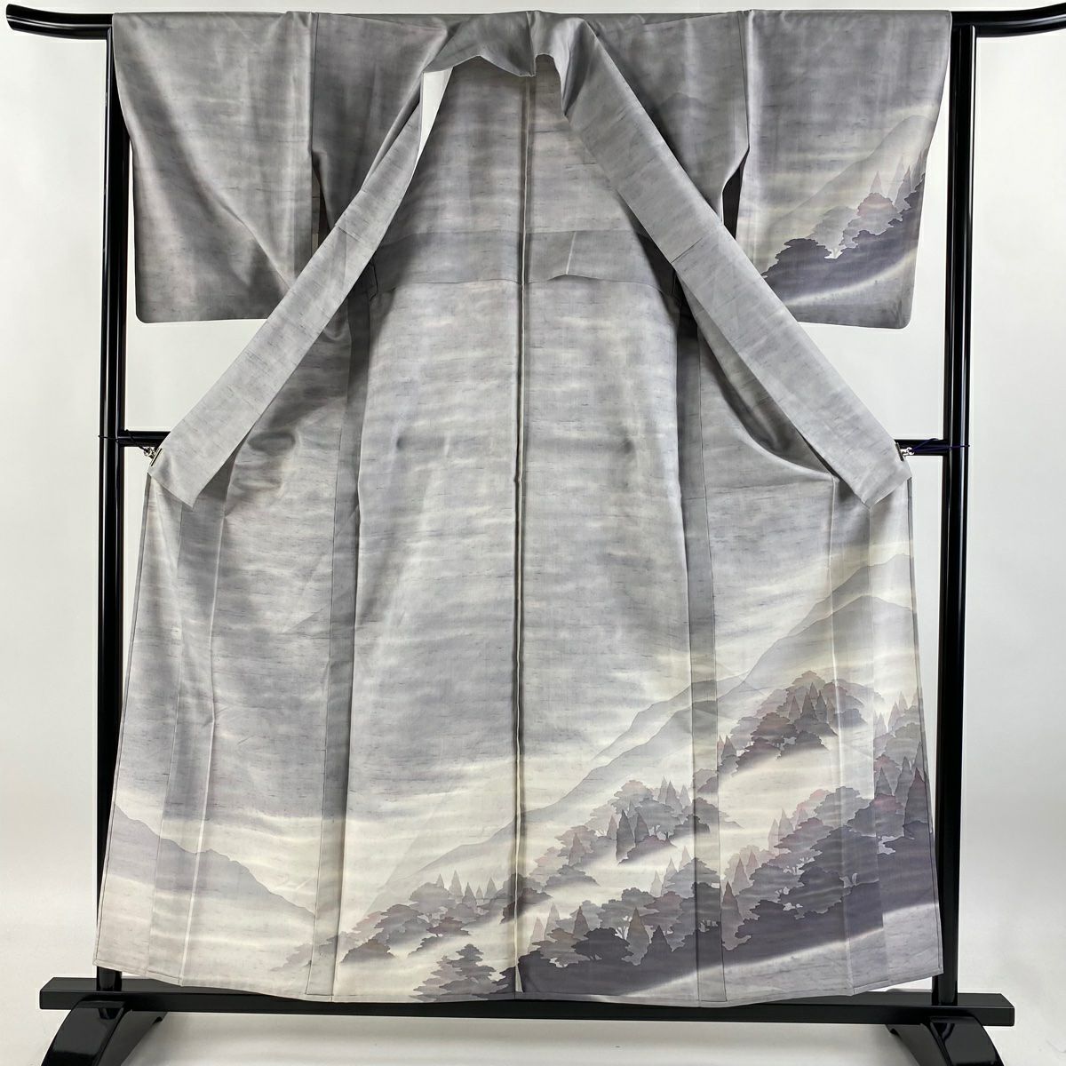 【庫存清倉】訪問服 身長158cm 袖長63.5cm S 單層 牛首紬織織地 落款 山並 樹木 漸層 灰紫 純蠶絲 美品 逸品級