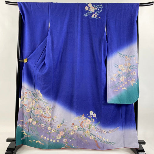 【清倉特賣】振袖禮服 身長165cm 袖長69cm L 雙層 辻花染 銀通染 分色 藍色 純蠶絲 逸品級