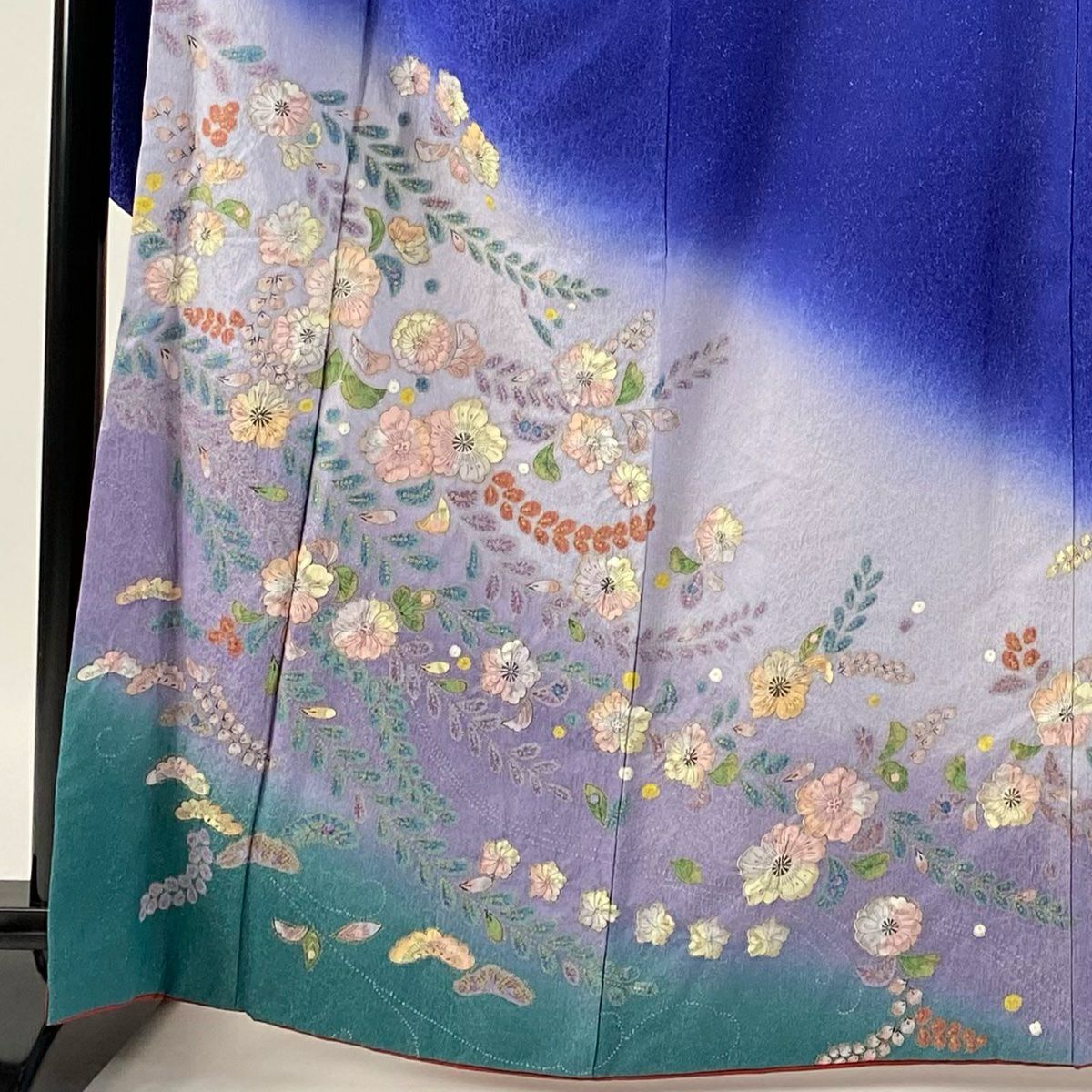 【清倉特賣】振袖禮服 身長165cm 袖長69cm L 雙層 辻花染 銀通染 分色 藍色 純蠶絲 逸品級