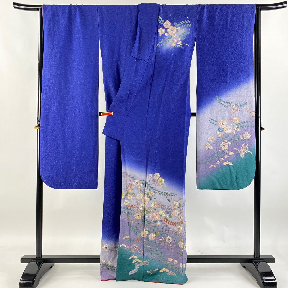 【清倉特賣】振袖禮服 身長165cm 袖長69cm L 雙層 辻花染 銀通染 分色 藍色 純蠶絲 逸品級