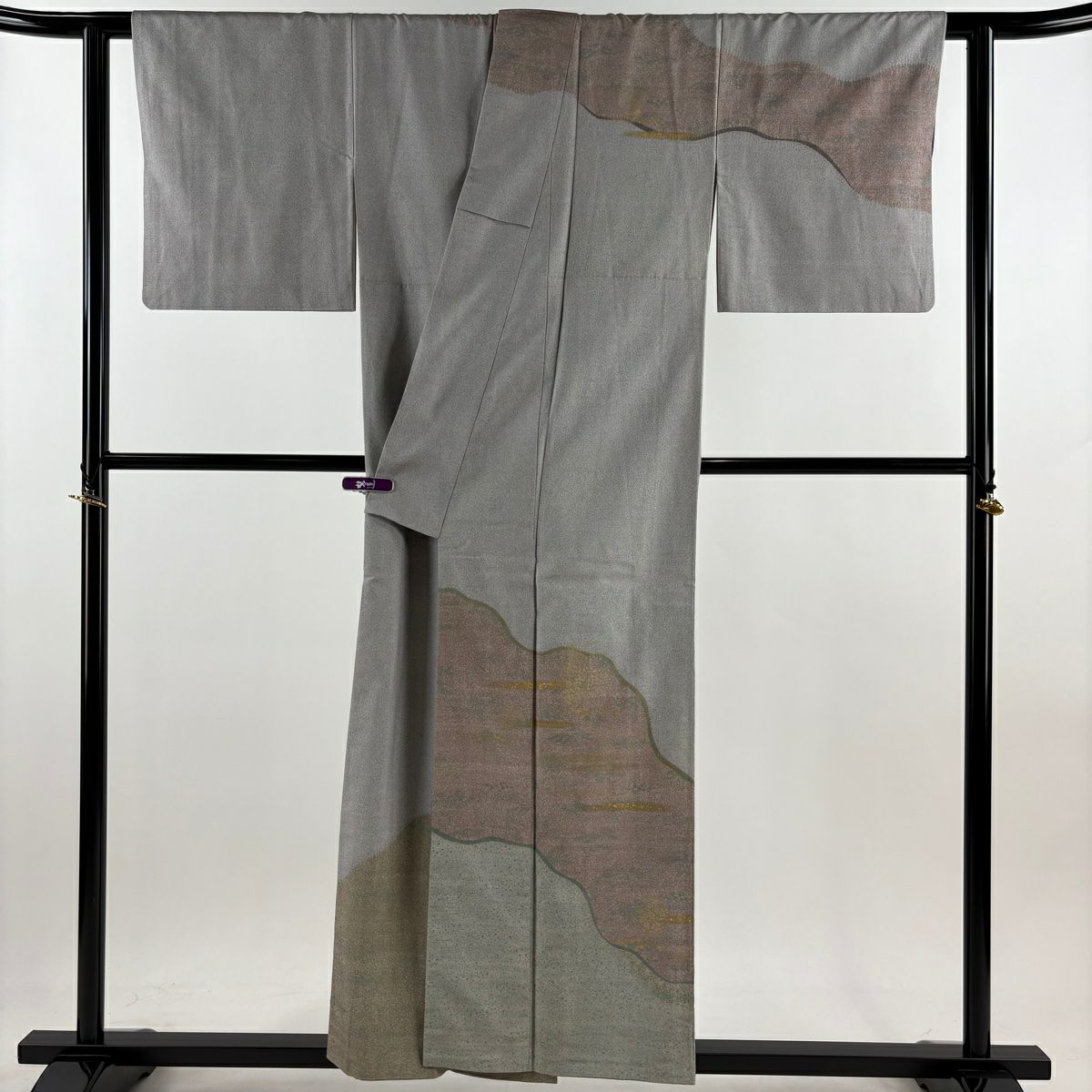 【庫存清倉】訪問服 身長155cm 袖長63cm S 雙層 牛首紬織織 落款 草花紋紋 霞 金彩裝飾 灰紫 純蠶絲 逸品級