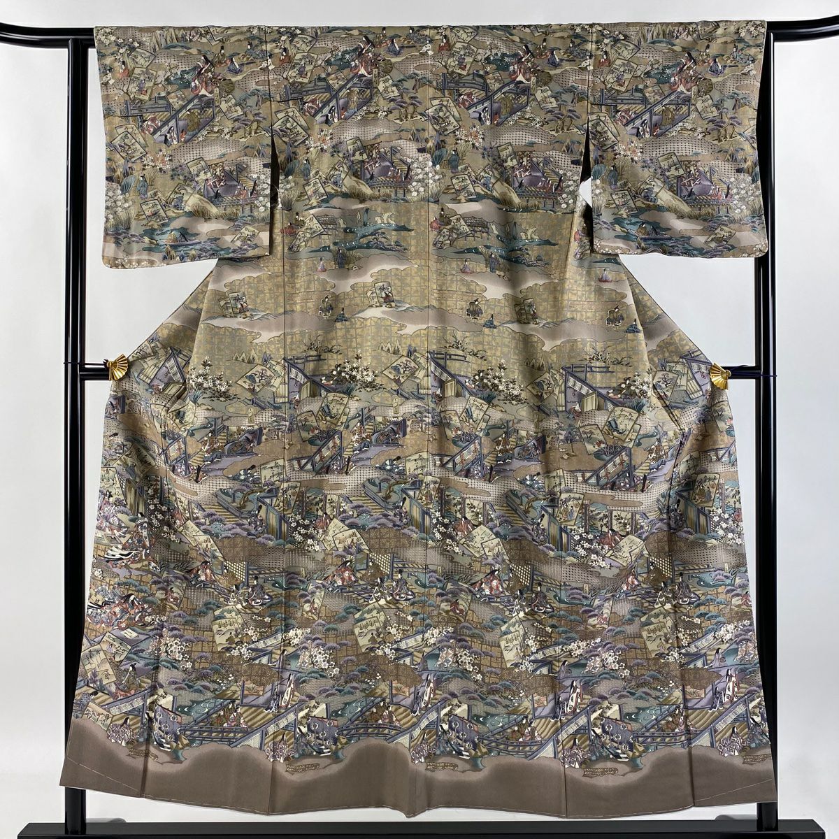 【庫存清倉】訪問服 身長153.5cm 袖長63.5cm S 雙層 牌子 人物刺繡 金彩裝飾 灰茶 純蠶絲 逸品級
