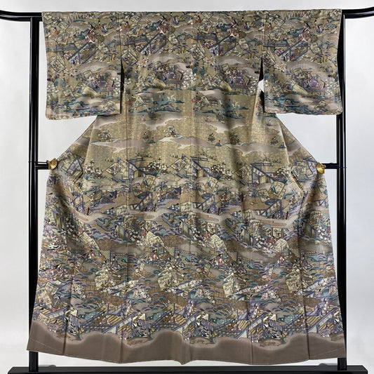 【庫存清倉】訪問服 身長153.5cm 袖長63.5cm S 雙層 牌子 人物刺繡 金彩裝飾 灰茶 純蠶絲 逸品級