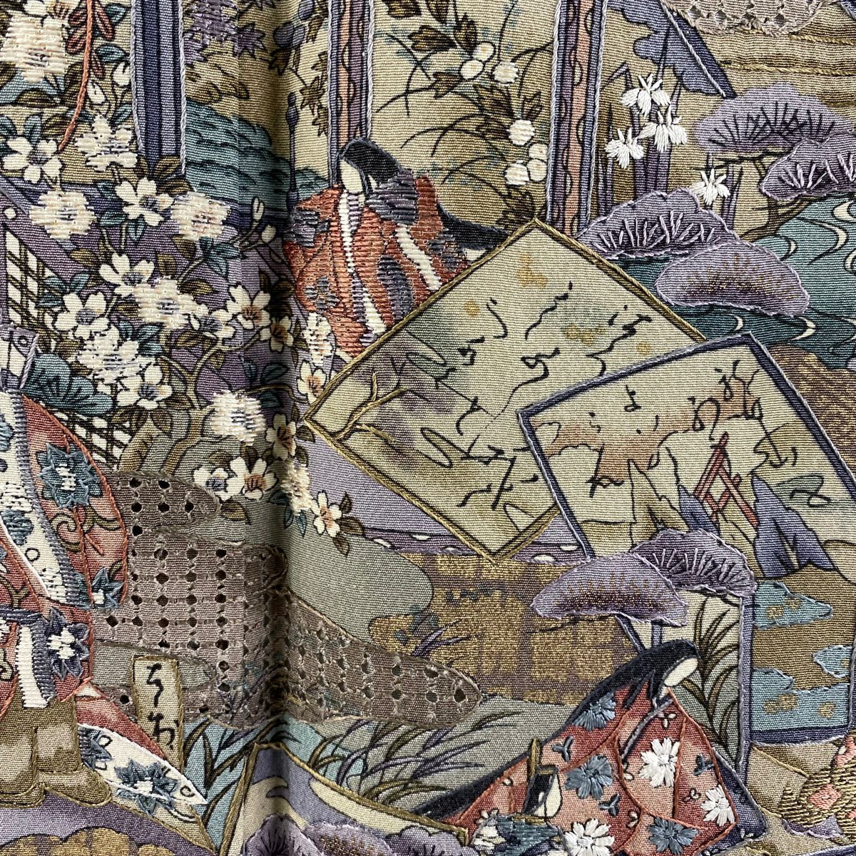 【庫存清倉】訪問服 身長153.5cm 袖長63.5cm S 雙層 牌子 人物刺繡 金彩裝飾 灰茶 純蠶絲 逸品級