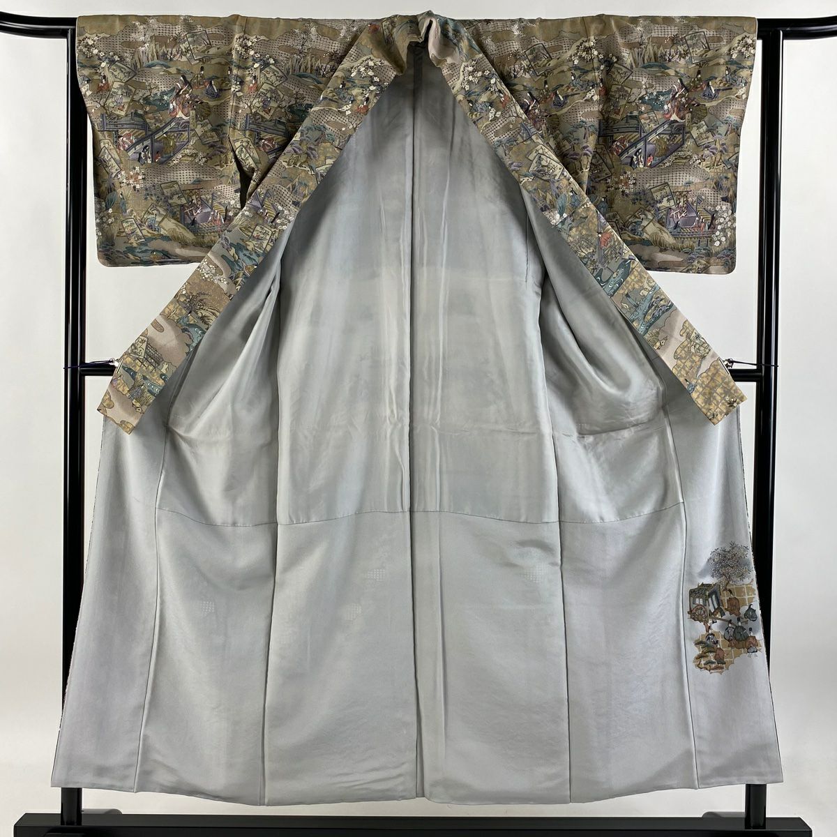 【庫存清倉】訪問服 身長153.5cm 袖長63.5cm S 雙層 牌子 人物刺繡 金彩裝飾 灰茶 純蠶絲 逸品級