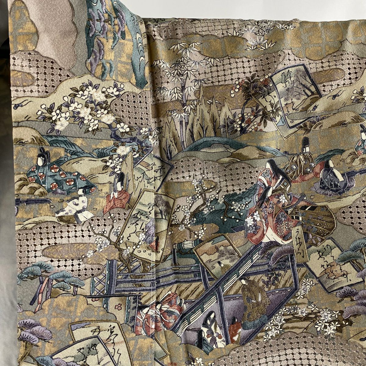【庫存清倉】訪問服 身長153.5cm 袖長63.5cm S 雙層 牌子 人物刺繡 金彩裝飾 灰茶 純蠶絲 逸品級