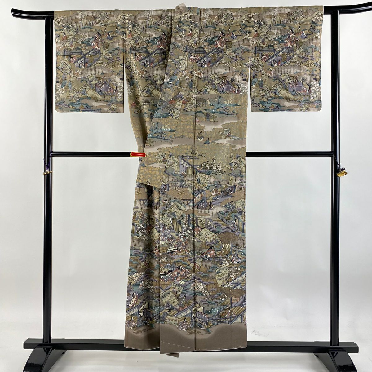 【庫存清倉】訪問服 身長153.5cm 袖長63.5cm S 雙層 牌子 人物刺繡 金彩裝飾 灰茶 純蠶絲 逸品級