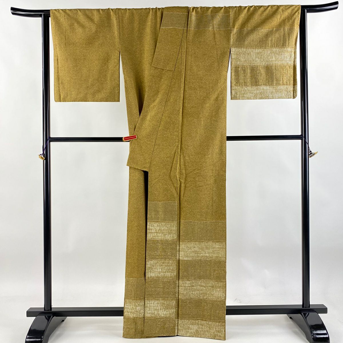 【庫存清倉】訪問服 身長165cm 袖長68cm L 雙層 牛首紬織織 落款 草花紋紋 幾何學 金銀彩 絞染 山吹茶 純蠶絲 逸品級