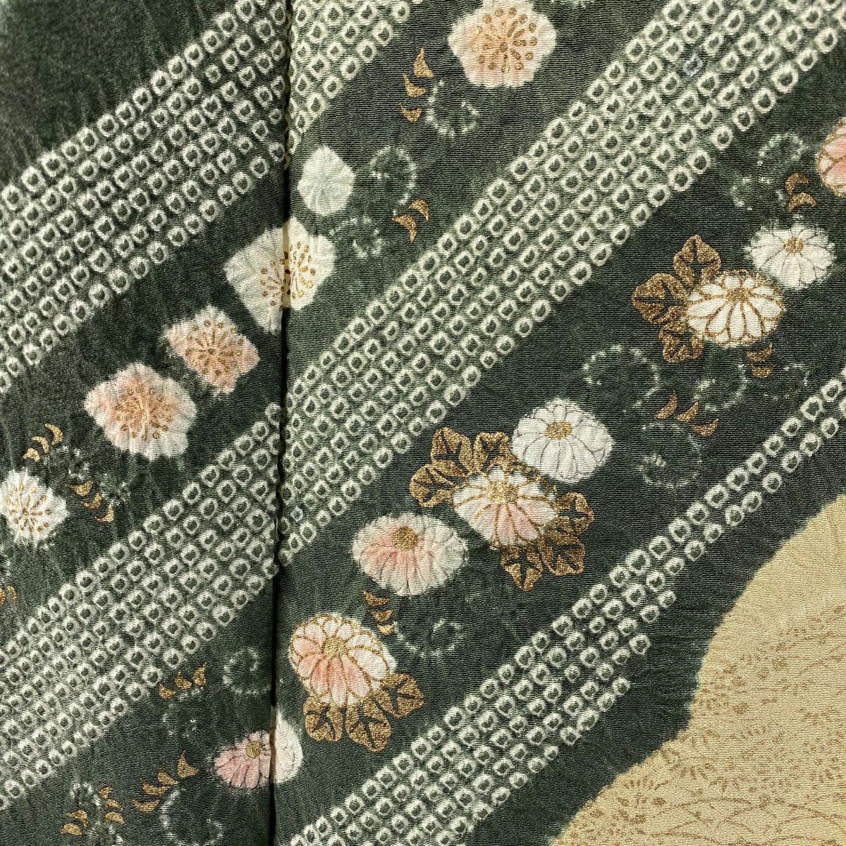 【庫存清倉】訪問服 身長162cm 袖長68.5cm L 雙層 滝泰 有落款 草花紋紋 雪輪 絞染 金彩裝飾 淺綠 純蠶絲 逸品級
