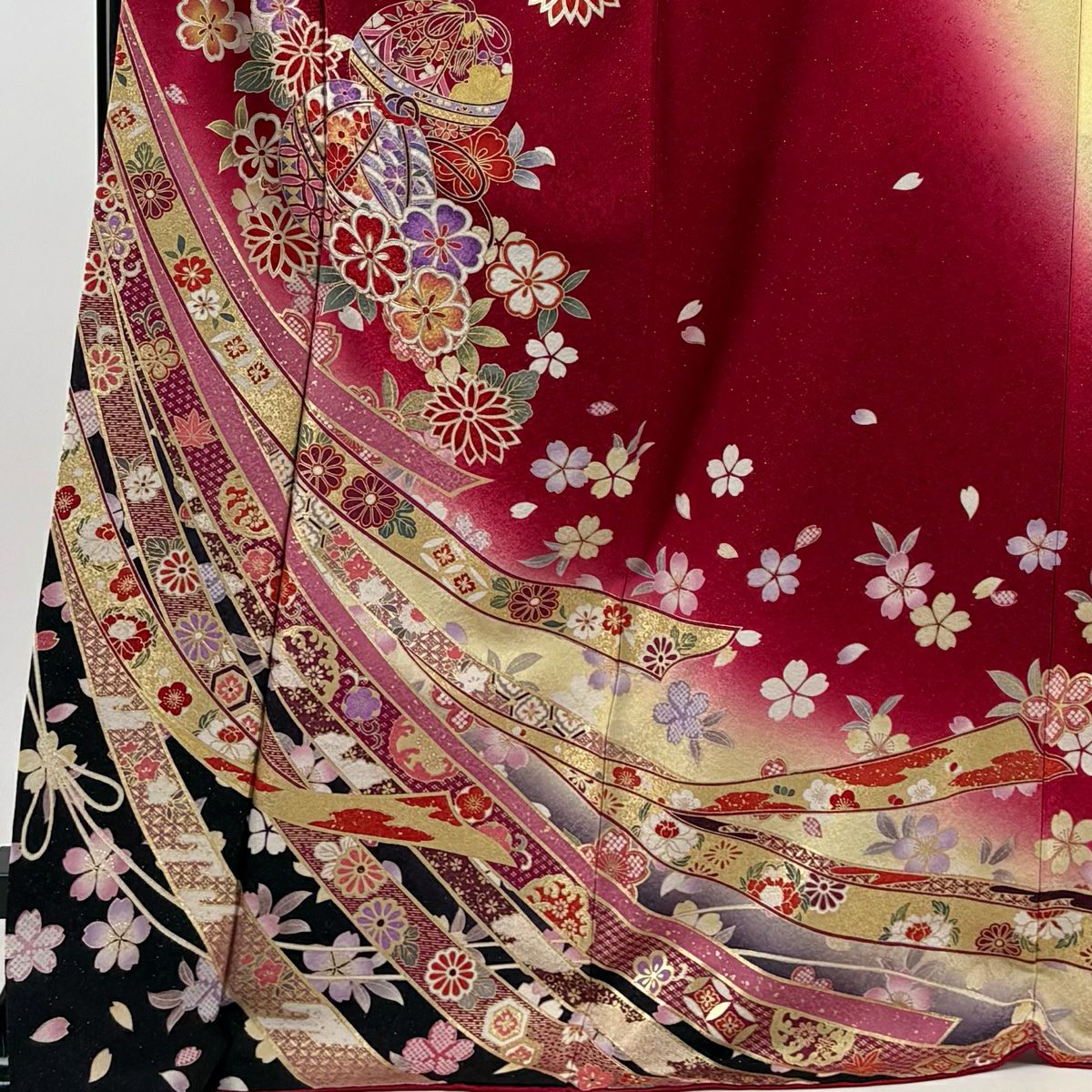 【庫存清倉】振袖禮服 身長174cm 袖長71cm L 雙層 鞠 櫻花 金銀彩 銀通し 紅 純蠶絲 逸品級