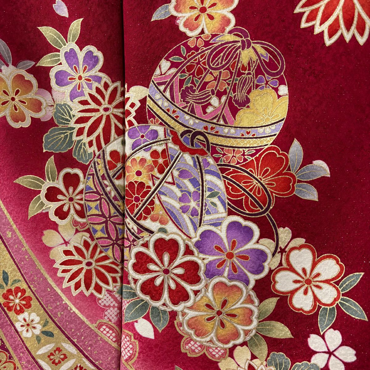 【庫存清倉】振袖禮服 身長174cm 袖長71cm L 雙層 鞠 櫻花 金銀彩 銀通し 紅 純蠶絲 逸品級