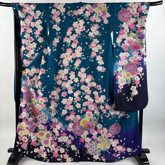 【清倉特賣】振袖禮服 身長167cm 袖長70cm L 雙層 牡丹 櫻花 金通 金絲 青綠 純蠶絲 逸品級