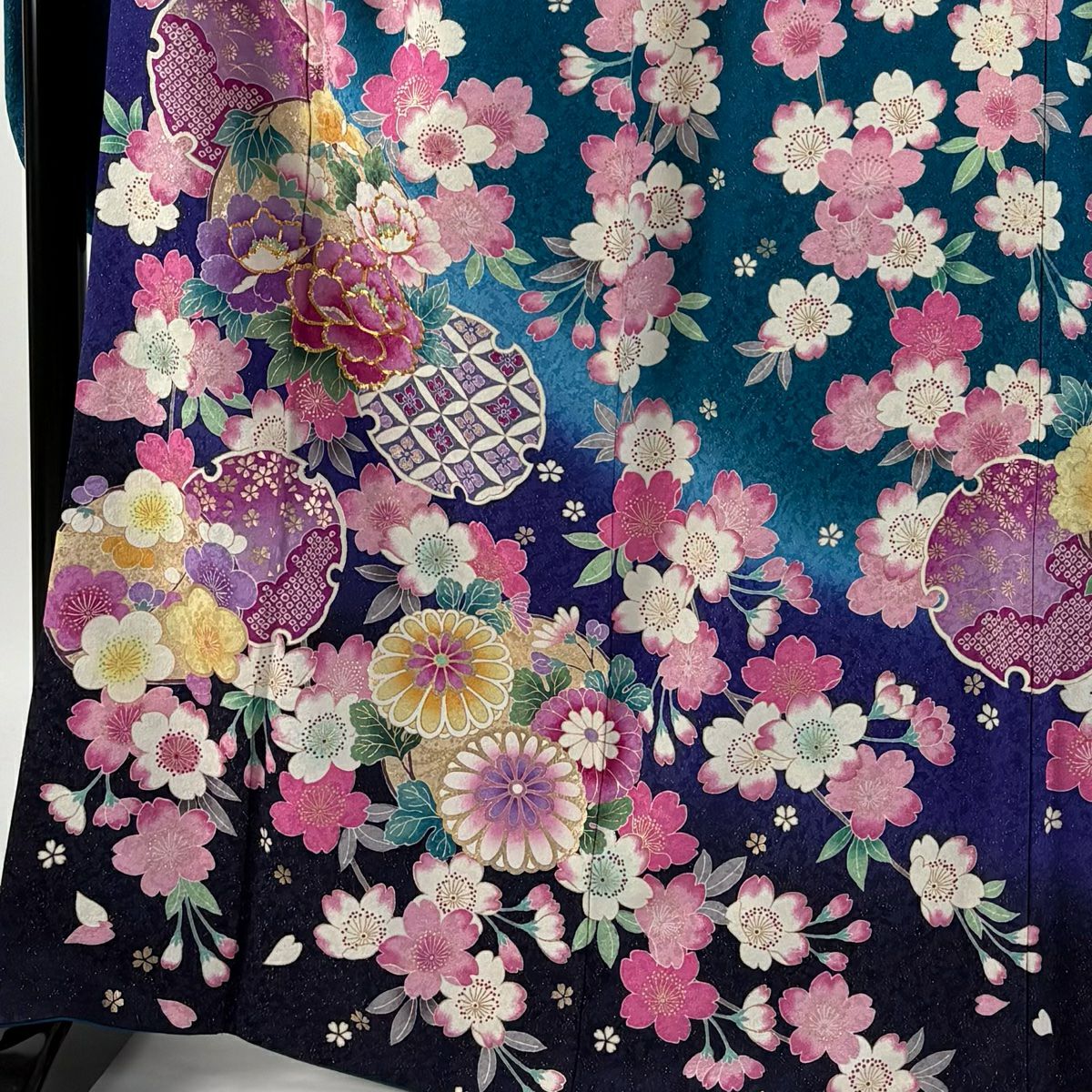【清倉特賣】振袖禮服 身長167cm 袖長70cm L 雙層 牡丹 櫻花 金通 金絲 青綠 純蠶絲 逸品級