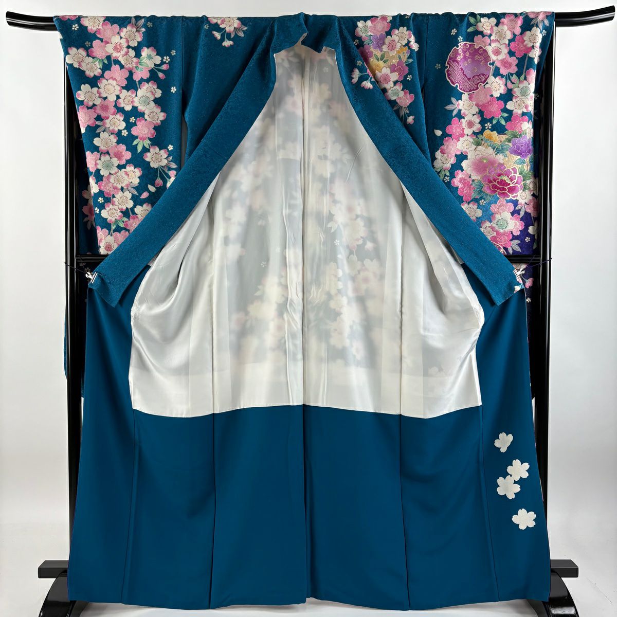【清倉特賣】振袖禮服 身長167cm 袖長70cm L 雙層 牡丹 櫻花 金通 金絲 青綠 純蠶絲 逸品級