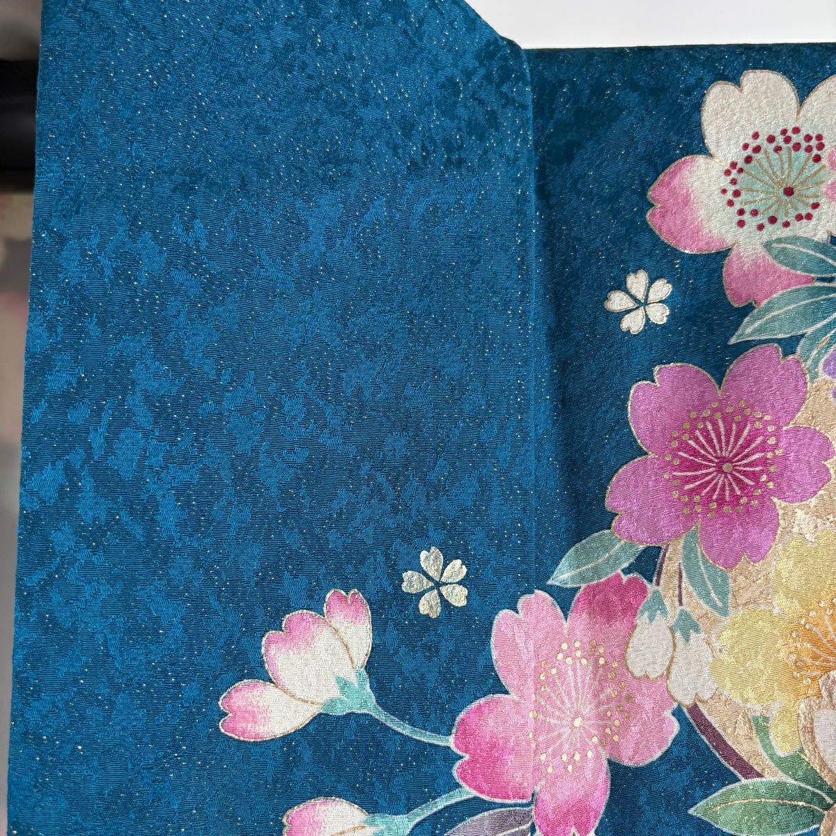 【清倉特賣】振袖禮服 身長167cm 袖長70cm L 雙層 牡丹 櫻花 金通 金絲 青綠 純蠶絲 逸品級