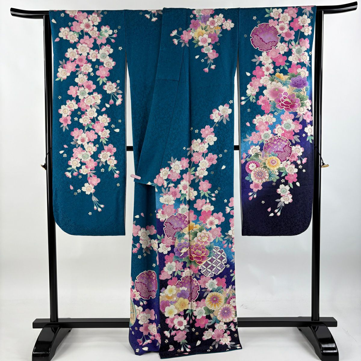 【清倉特賣】振袖禮服 身長167cm 袖長70cm L 雙層 牡丹 櫻花 金通 金絲 青綠 純蠶絲 逸品級