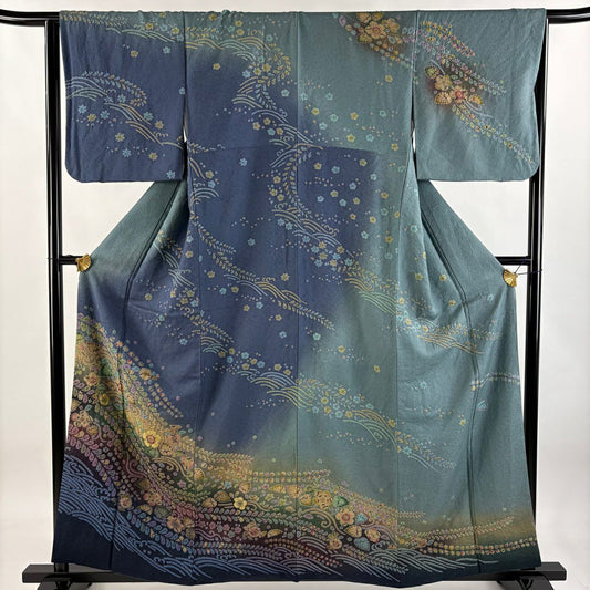 【庫存清倉】訪問服 身長159cm 袖長65cm M 雙層 辻花染 波 絞染 金通 青灰 純蠶絲 逸品級