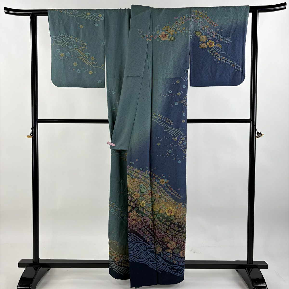 【庫存清倉】訪問服 身長159cm 袖長65cm M 雙層 辻花染 波 絞染 金通 青灰 純蠶絲 逸品級