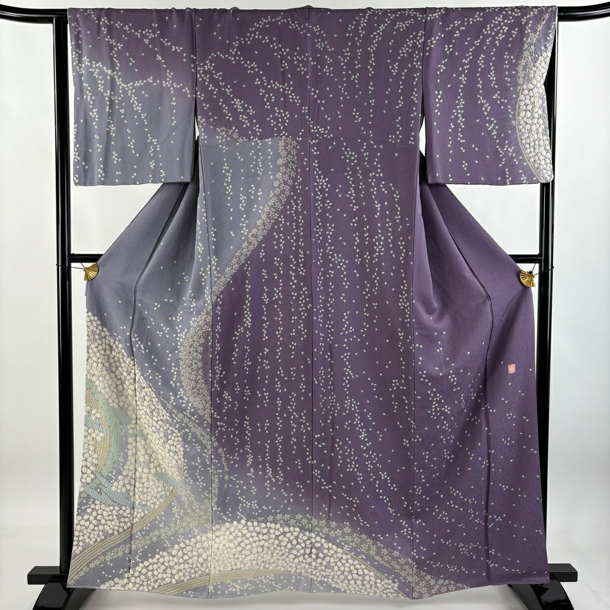 【庫存清倉】訪問服 身長162.5cm 袖長65.5cm M 雙層 滝泰 落款 花 花瓣 金彩裝飾 刺繡 紫 純蠶絲 逸品級
