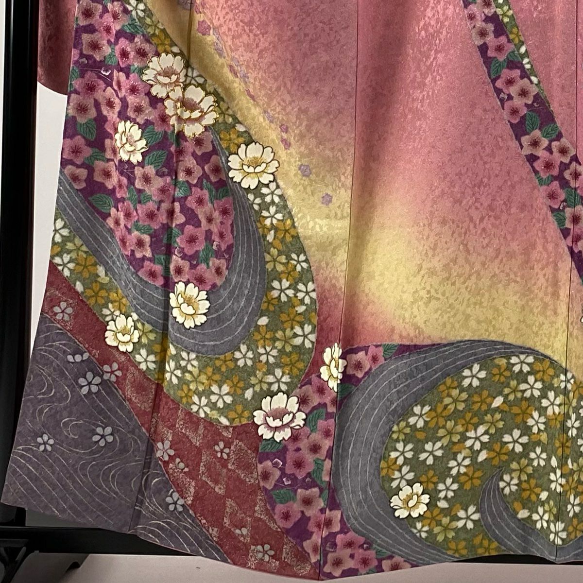 【庫存清倉】振袖禮服 身長159cm 袖長69cm L 雙層 櫻花 金絲 金通し 粉紅 純蠶絲 逸品級