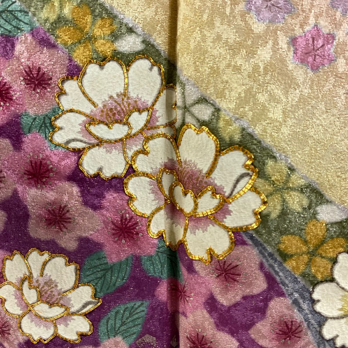 【庫存清倉】振袖禮服 身長159cm 袖長69cm L 雙層 櫻花 金絲 金通し 粉紅 純蠶絲 逸品級