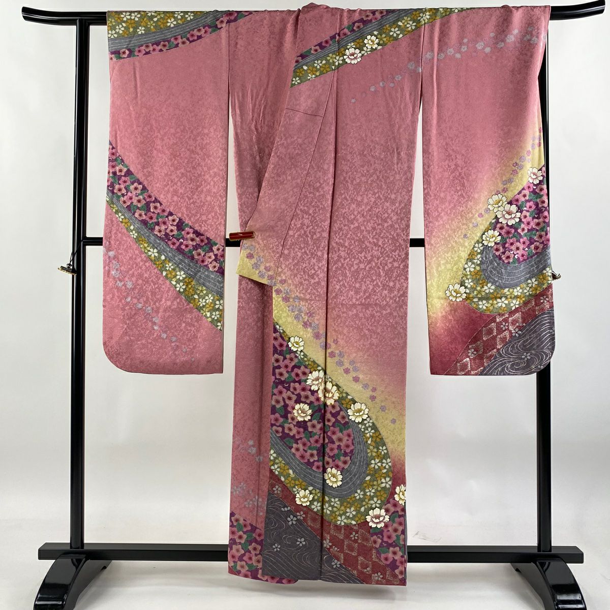 【庫存清倉】振袖禮服 身長159cm 袖長69cm L 雙層 櫻花 金絲 金通し 粉紅 純蠶絲 逸品級