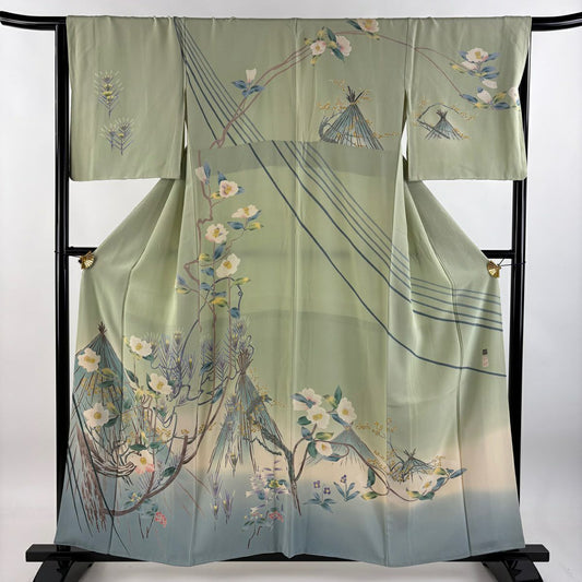 【庫存清倉】訪問服 身長158cm 袖長65.5cm M 雙層 杉浦伸 落款あり 椿 松樹 漸層 薄綠 純蠶絲 逸品級
