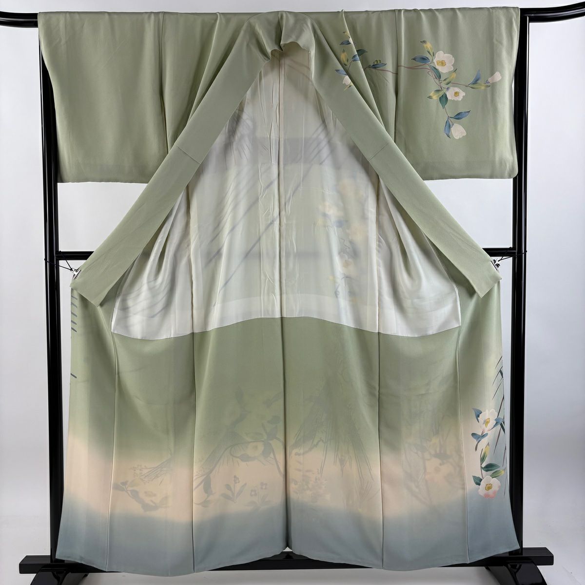 【庫存清倉】訪問服 身長158cm 袖長65.5cm M 雙層 杉浦伸 落款あり 椿 松樹 漸層 薄綠 純蠶絲 逸品級