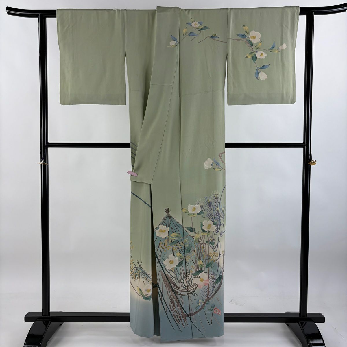 【庫存清倉】訪問服 身長158cm 袖長65.5cm M 雙層 杉浦伸 落款あり 椿 松樹 漸層 薄綠 純蠶絲 逸品級