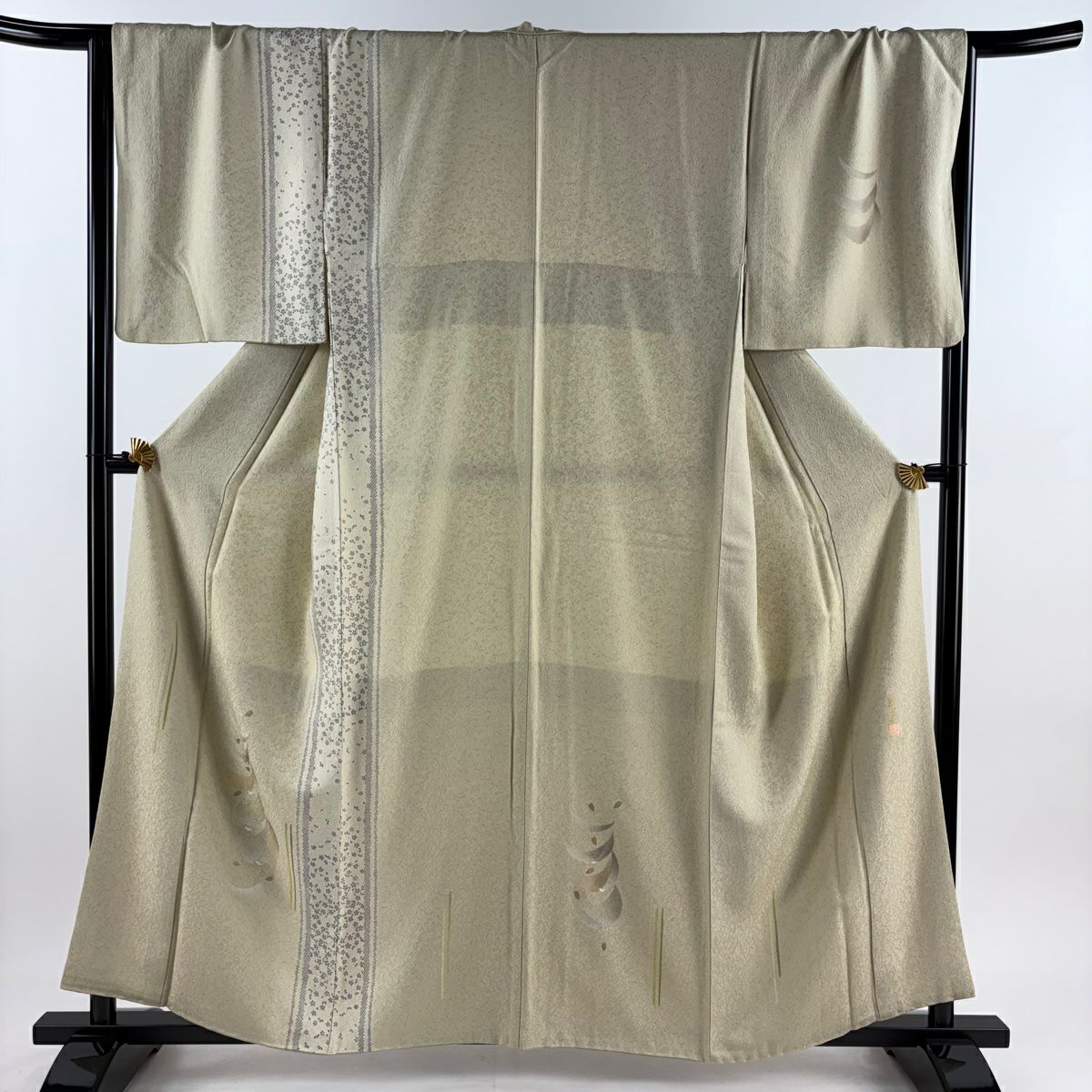 【清倉特賣】 付下 身長159cm 袖長68cm L 雙層 落款 花 縱條 金銀彩 米色 純蠶絲 名品級
