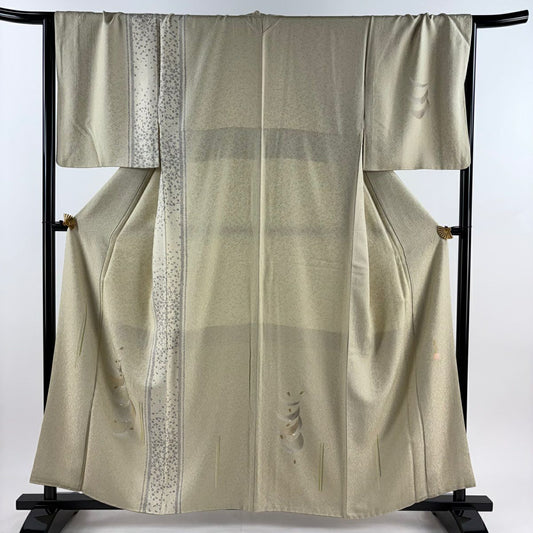 【清倉特賣】 付下 身長159cm 袖長68cm L 雙層 落款 花 縱條 金銀彩 米色 純蠶絲 名品級