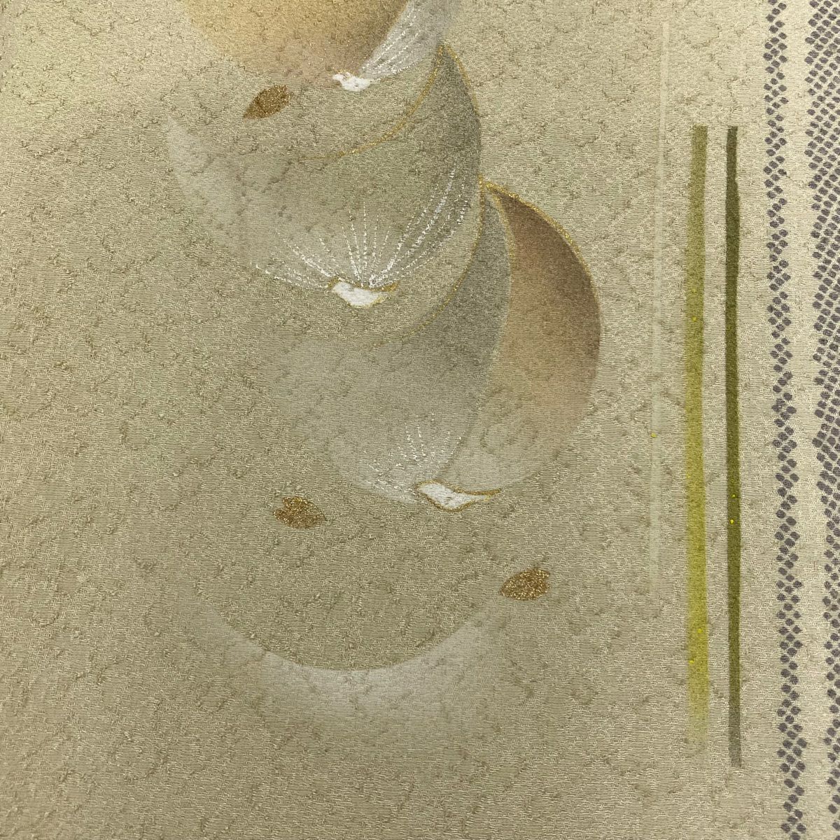 【清倉特賣】 付下 身長159cm 袖長68cm L 雙層 落款 花 縱條 金銀彩 米色 純蠶絲 名品級