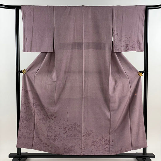 【庫存清倉】 付下 身長155cm 袖長62.5cm S 雙層 落款有 家屋 草花紋紋 紅紫 純蠶絲 名品級