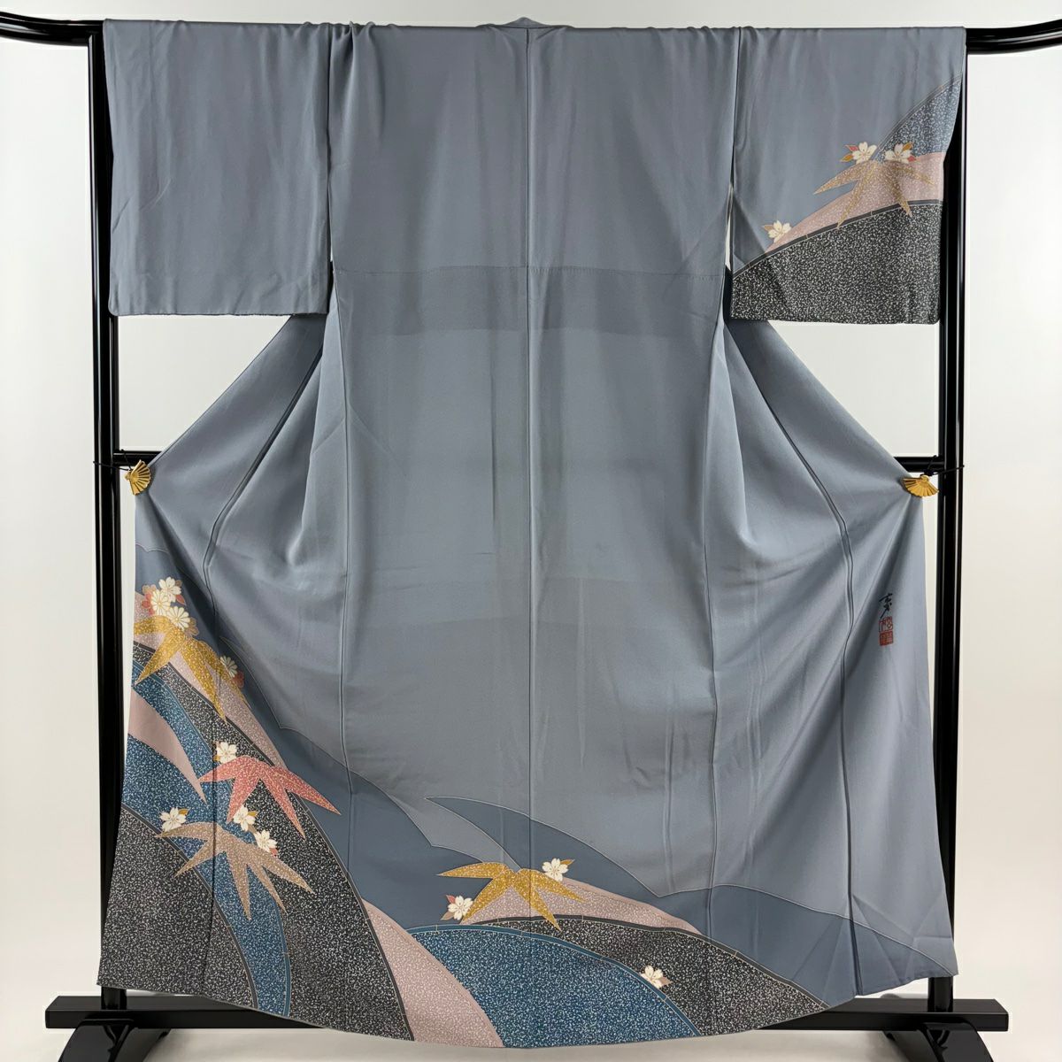 【庫存清倉】訪問服 身長162cm 袖長67.5cm L 雙層 大久保玄才 落款有 櫻花 笹 金銀彩 青灰 純蠶絲 名品級