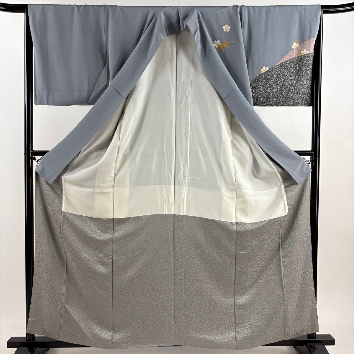 【庫存清倉】訪問服 身長162cm 袖長67.5cm L 雙層 大久保玄才 落款有 櫻花 笹 金銀彩 青灰 純蠶絲 名品級