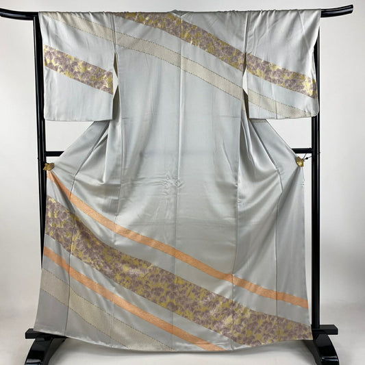 【庫存清倉】訪問服 身長164.5cm 袖長66.5cm M 雙層 斜條紋 葉子圖案 金彩裝飾 刺繡 灰色 純蠶絲 優品級