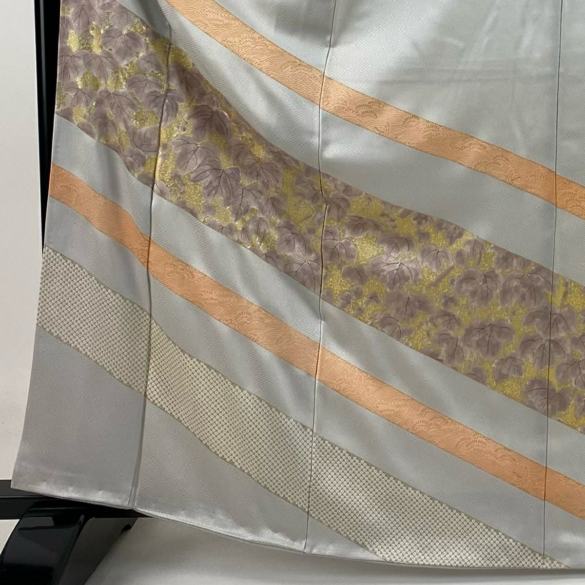 【庫存清倉】訪問服 身長164.5cm 袖長66.5cm M 雙層 斜條紋 葉子圖案 金彩裝飾 刺繡 灰色 純蠶絲 優品級