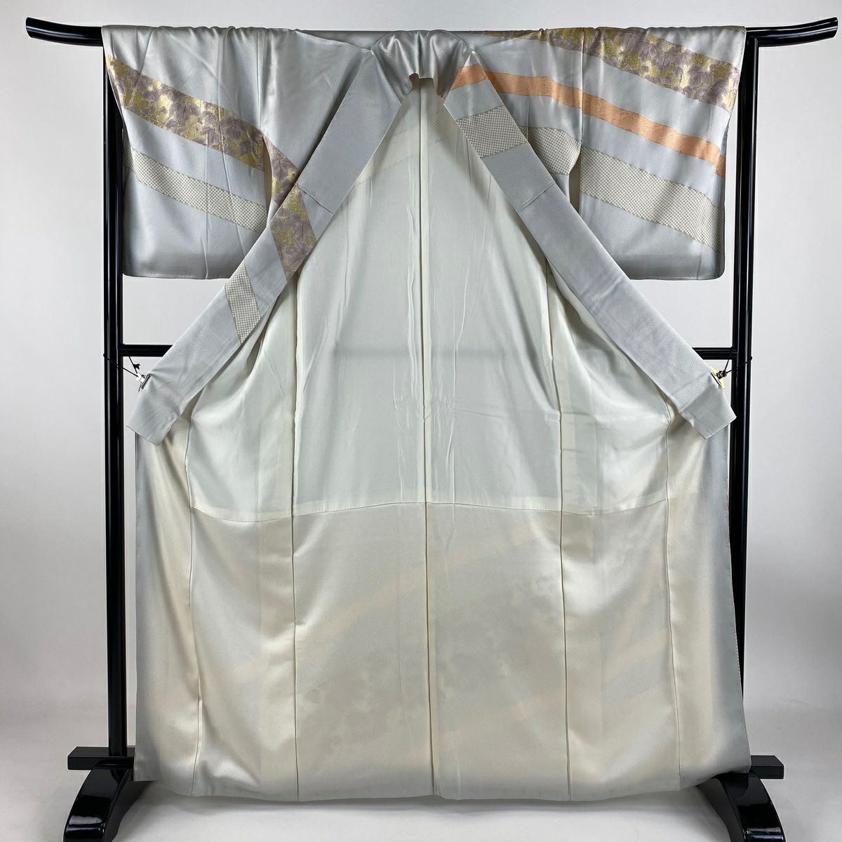 【庫存清倉】訪問服 身長164.5cm 袖長66.5cm M 雙層 斜條紋 葉子圖案 金彩裝飾 刺繡 灰色 純蠶絲 優品級