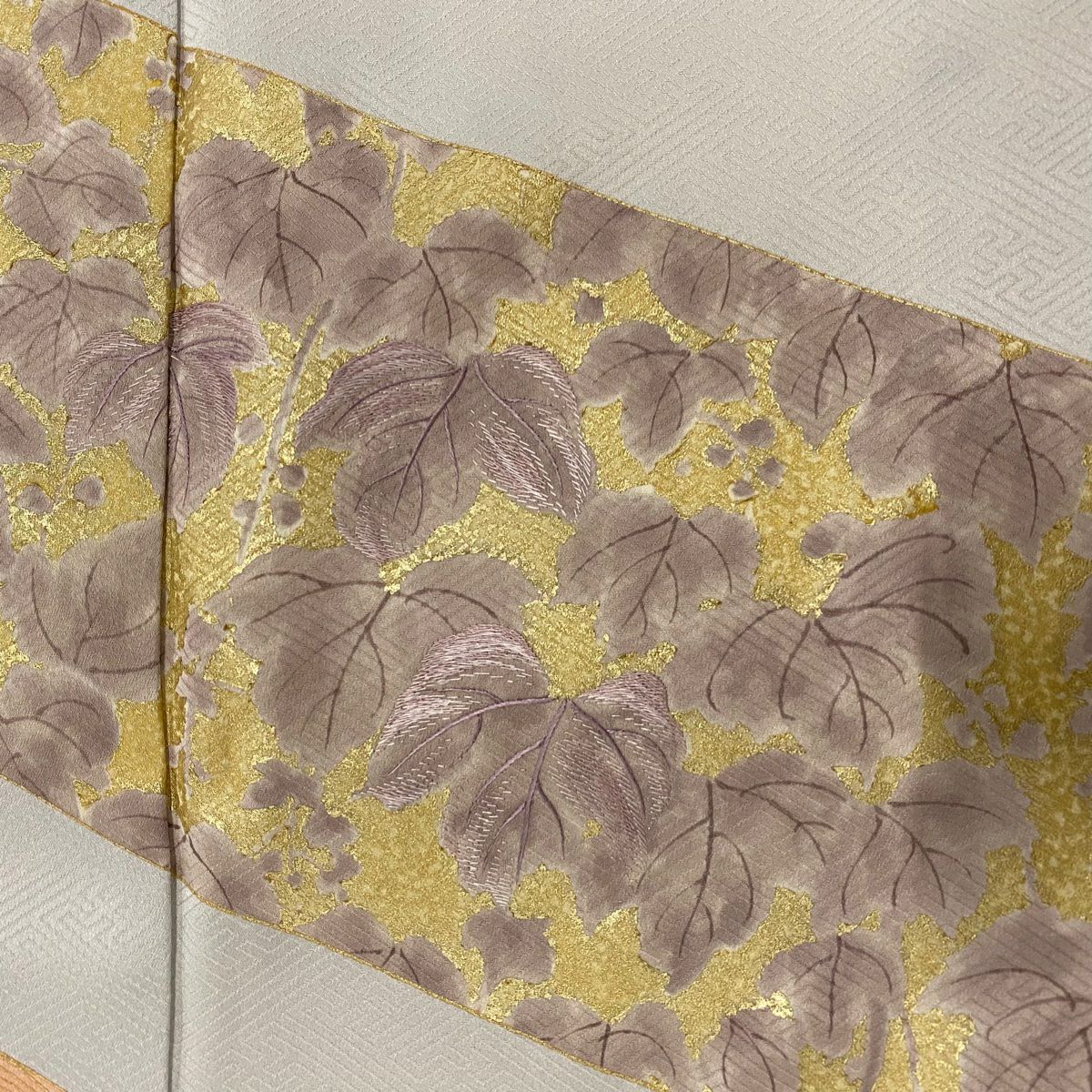 【庫存清倉】訪問服 身長164.5cm 袖長66.5cm M 雙層 斜條紋 葉子圖案 金彩裝飾 刺繡 灰色 純蠶絲 優品級