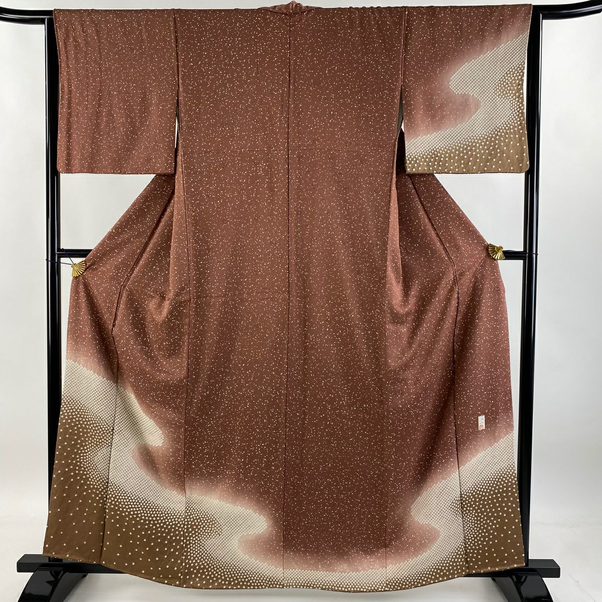 【庫存清倉】 付下 身長160.5cm 袖長64cm M 雙層 落款有 流水 幾何圖案 絞染 金彩裝飾 小豆色 純蠶絲 優品級