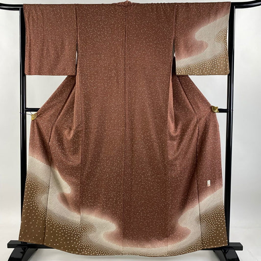【庫存清倉】 付下 身長160.5cm 袖長64cm M 雙層 落款有 流水 幾何圖案 絞染 金彩裝飾 小豆色 純蠶絲 優品級