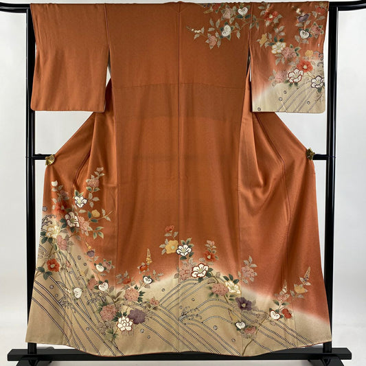 【庫存清倉】訪問服 身長156cm 袖長63.5cm S 雙層 椿 橘 金銀彩 染分 橙色 純蠶絲 優品級