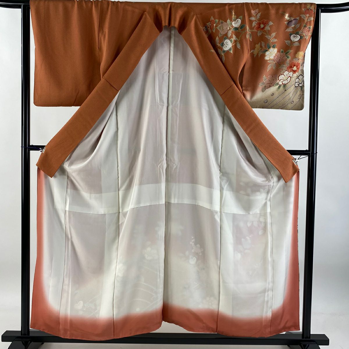 【庫存清倉】訪問服 身長156cm 袖長63.5cm S 雙層 椿 橘 金銀彩 染分 橙色 純蠶絲 優品級